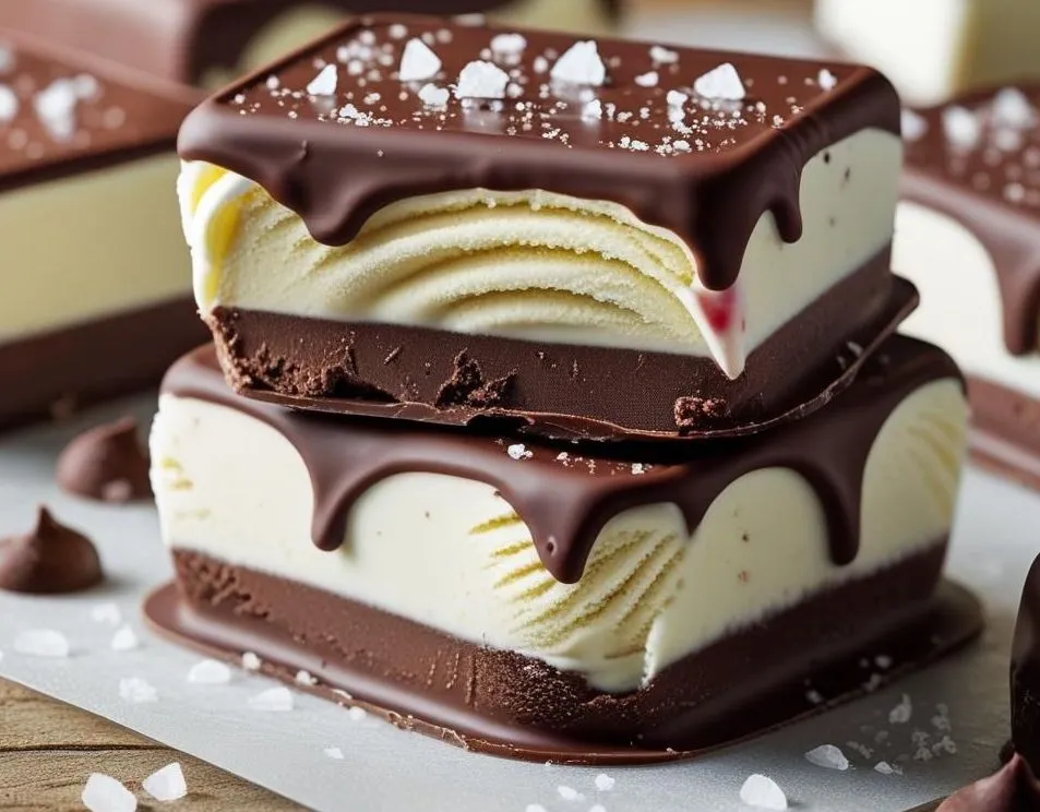Chocolate-covered ice cream bars topped with nuts and sprinkles on a tray