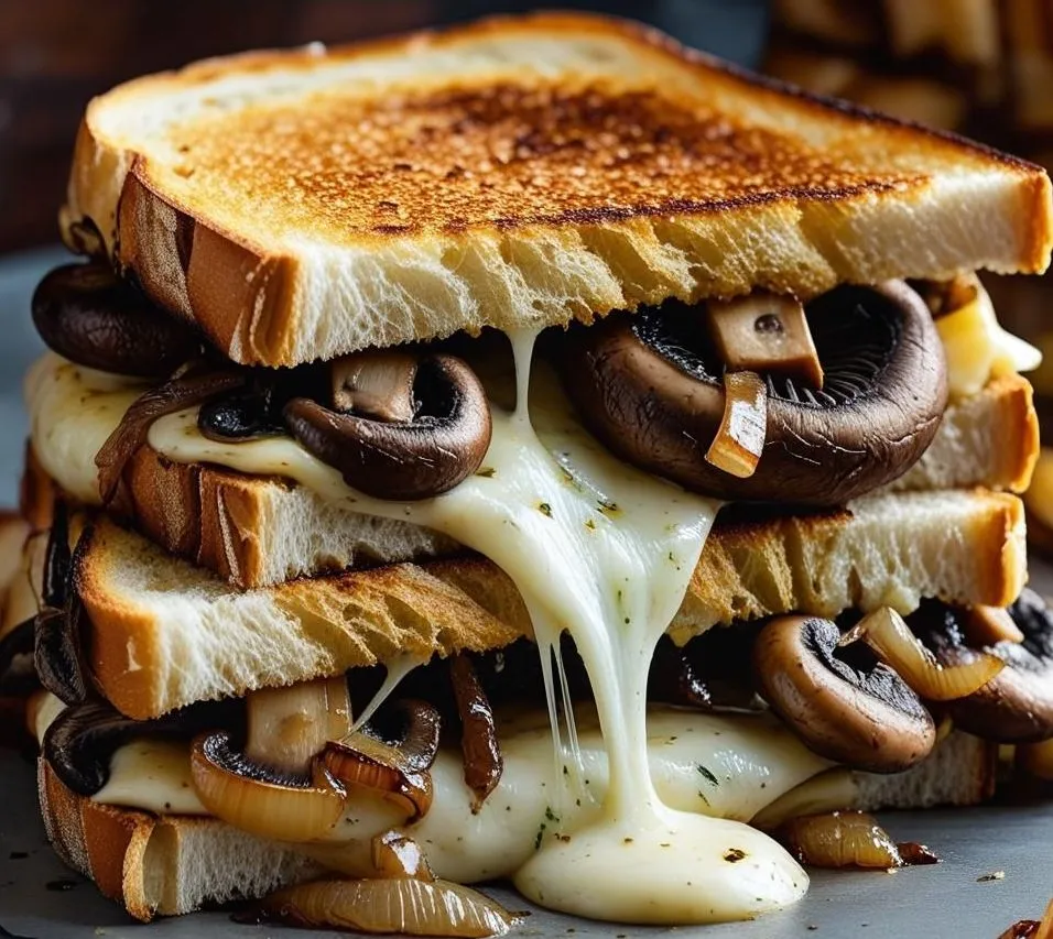 Golden Mushroom Sandwich Melts with gooey cheese and sautéed mushrooms on toasted bread