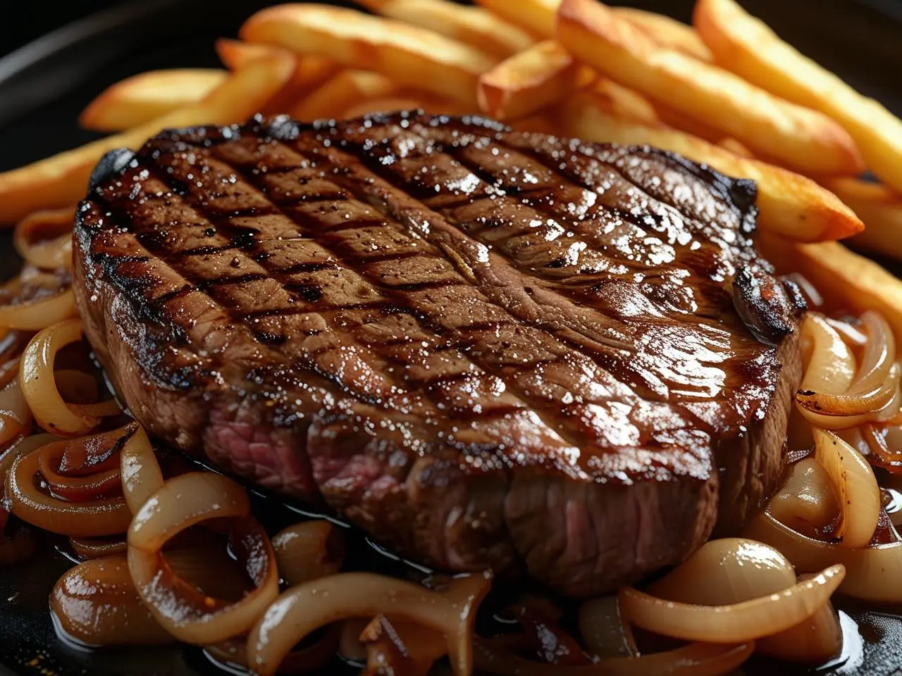 Juicy grilled steak with perfect char marks on a wooden cutting board