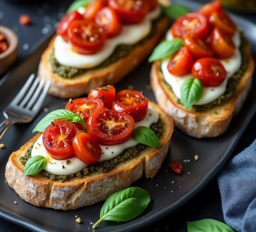 Pesto and Roasted Tomato Toast on rustic bread with melted mozzarella and fresh basil