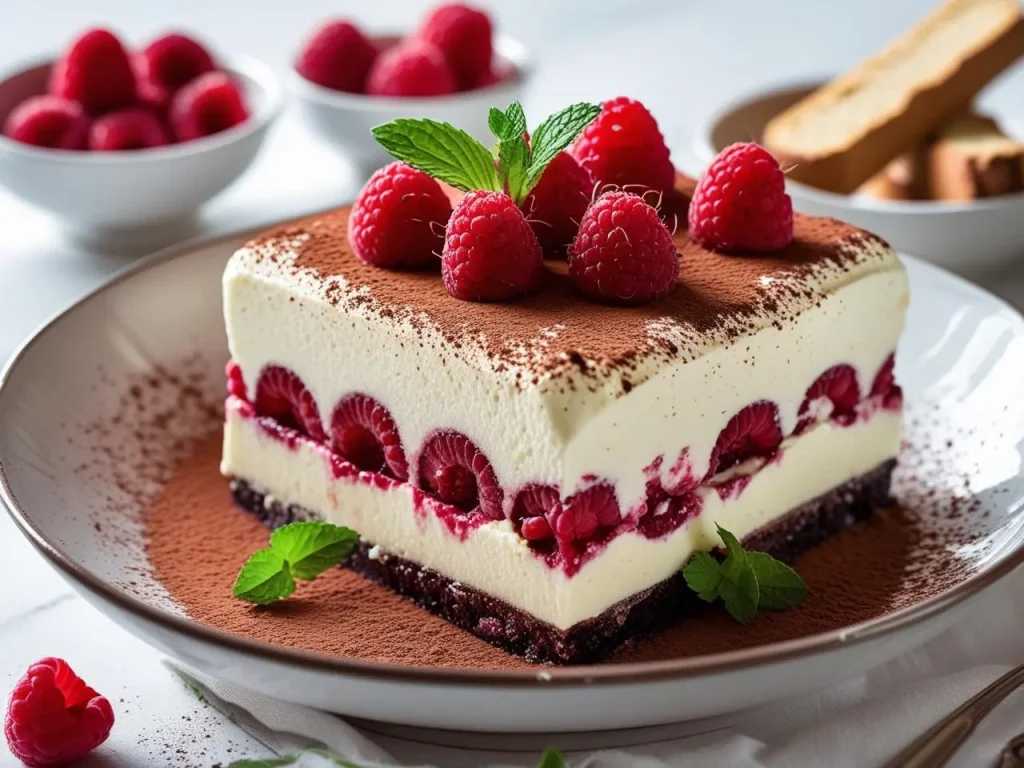 Layered raspberry tiramisu dessert topped with fresh raspberries and dusted cocoa in a glass dish