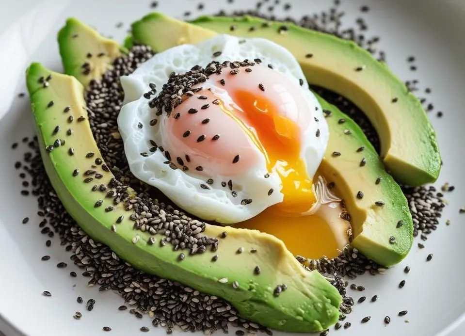 Avocado Egg Power Plate with sliced avocado, perfectly cooked eggs, cherry tomatoes, and microgreens