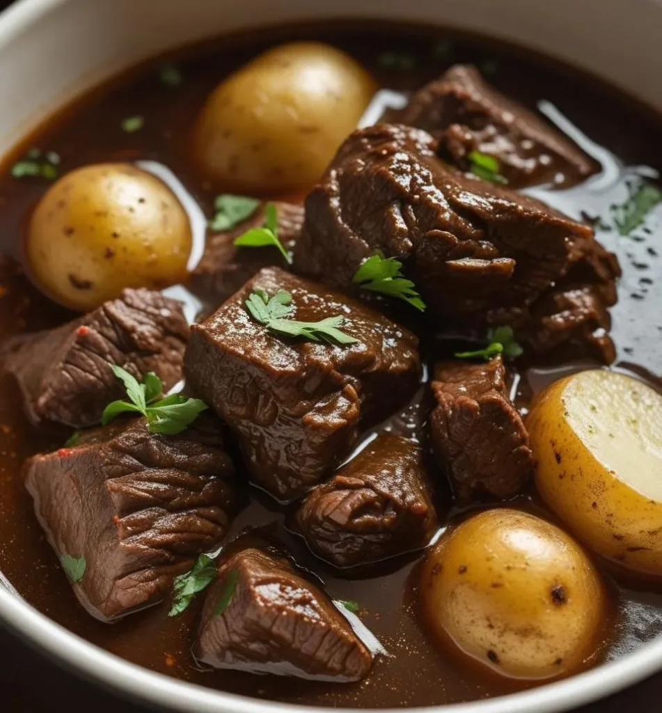 Juicy Beef Mechado served in a bowl with rich tomato sauce, tender potatoes, and carrots.