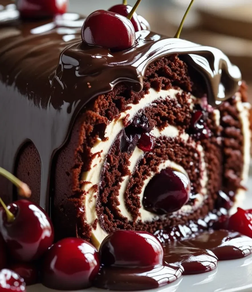 Swiss Chocolate Cherry Roll Cake sliced to show rich chocolate sponge, creamy whipped filling, and juicy cherries.