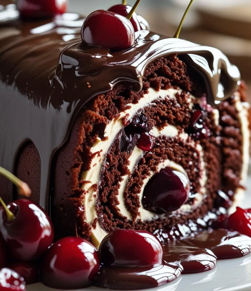 Swiss Chocolate Cherry Roll Cake sliced to show rich chocolate sponge, creamy whipped filling, and juicy cherries.