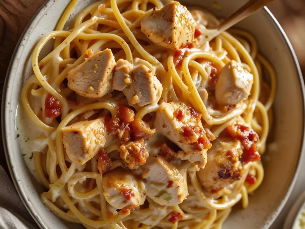 Creamy Cajun Chicken Spaghetti with tender chicken strips, creamy sauce, and sprinkled parsley in a white bowl