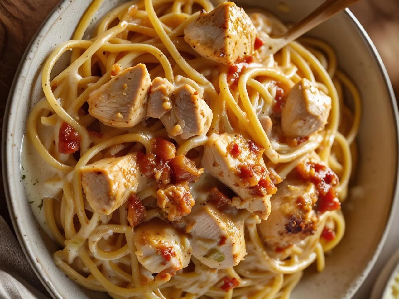 Creamy Cajun Chicken Spaghetti with tender chicken strips, creamy sauce, and sprinkled parsley in a white bowl