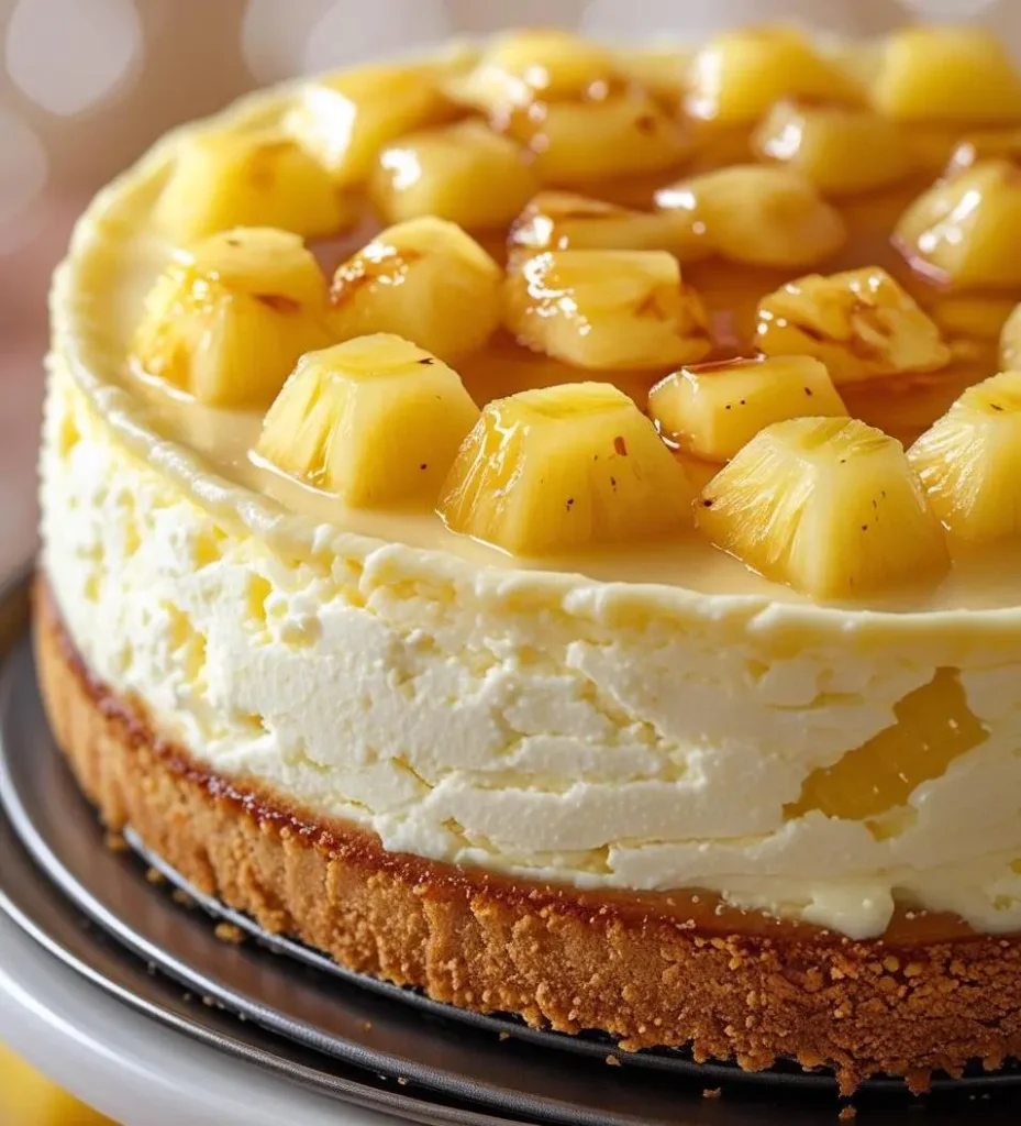 A slice of Pineapple Heaven Cheesecake showing creamy filling, graham cracker crust, and juicy pineapple topping.
