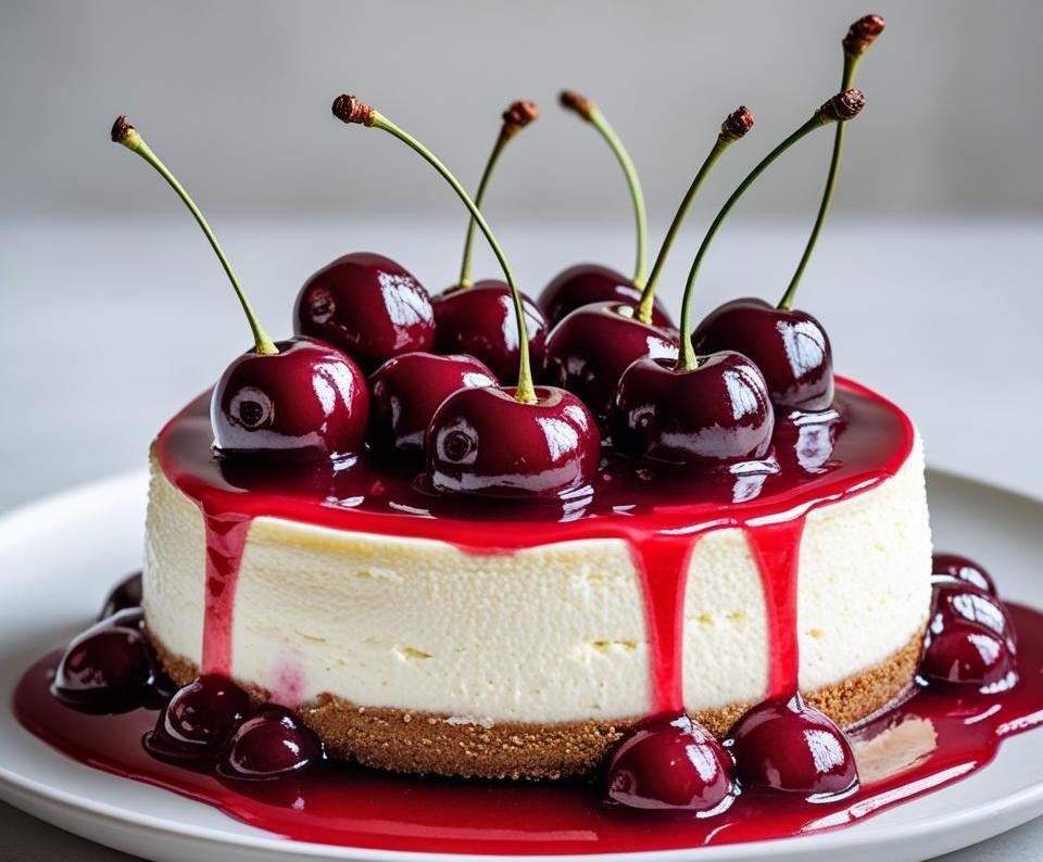 A rich and creamy Elegant Cherry Cheesecake topped with glossy cherry filling and fresh whipped cream.