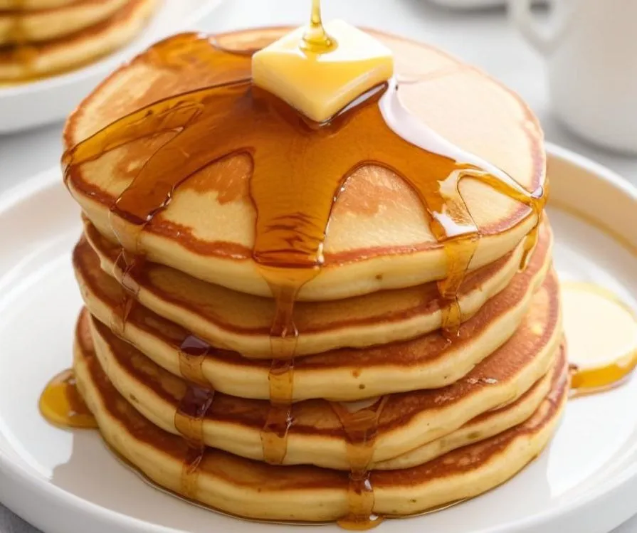 Stack of golden brown sugar pancakes topped with melting butter and maple syrup drizzle.