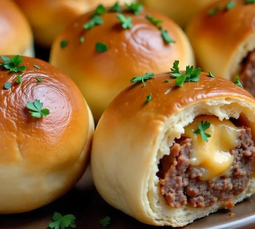 Golden baked Garlic Parmesan Cheeseburger Bombs with melted cheese oozing out