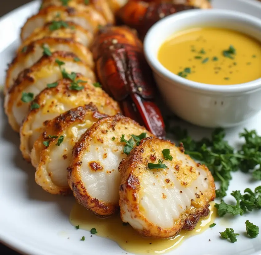 Lobster tails topped with garlic herb butter sauce served on a white plate with lemon wedges and parsley.