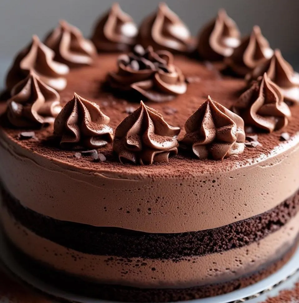 Mocha Chocolate Mousse Cake slice with whipped cream and chocolate shavings on a white plate