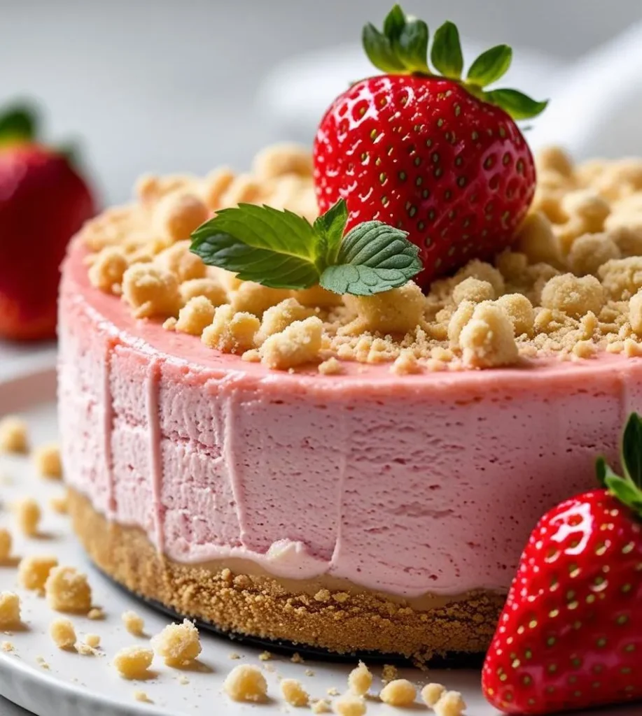 Strawberry Crunch Cheesecake slice topped with fresh strawberries and crunchy nut topping on a white plate