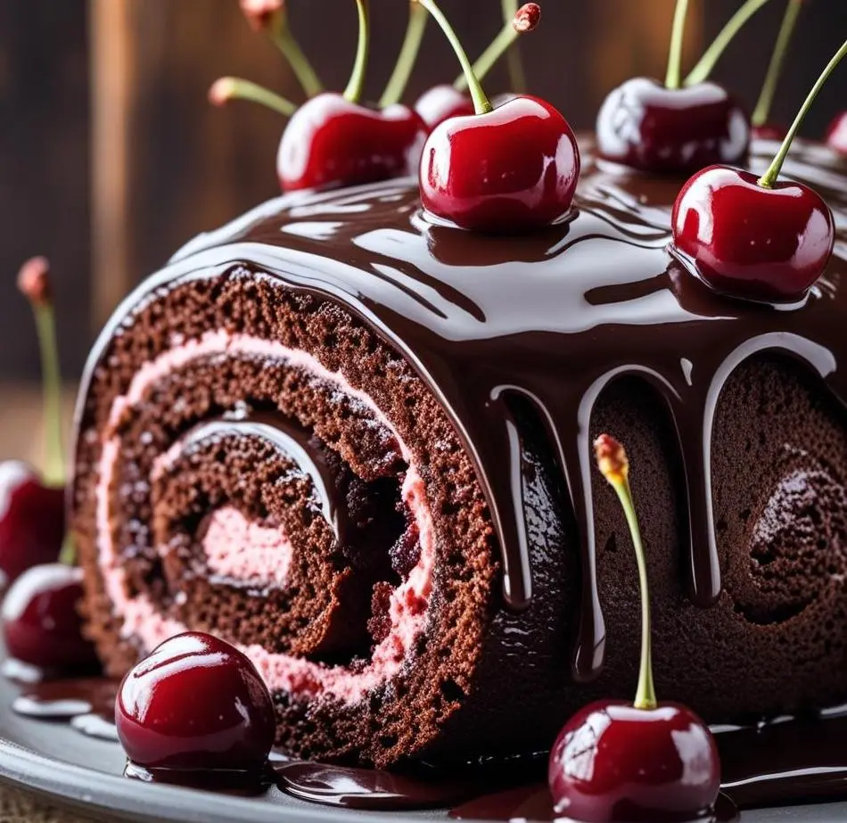 Swiss Chocolate Cherry Roll sliced to reveal chocolate sponge and cherry cream filling