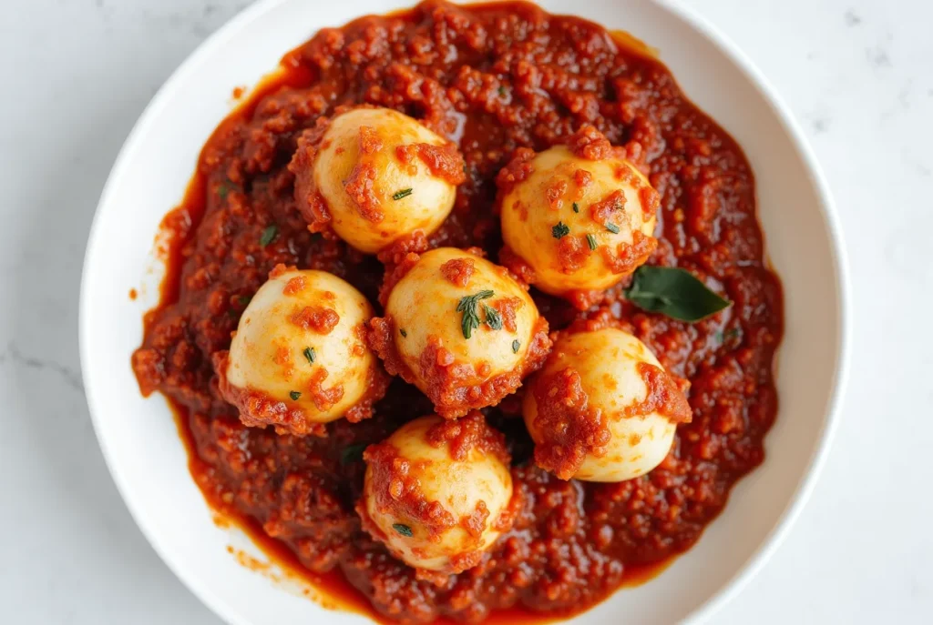 Spicy Indonesian Telur Balado with hard-boiled eggs coated in vibrant red chili sauce