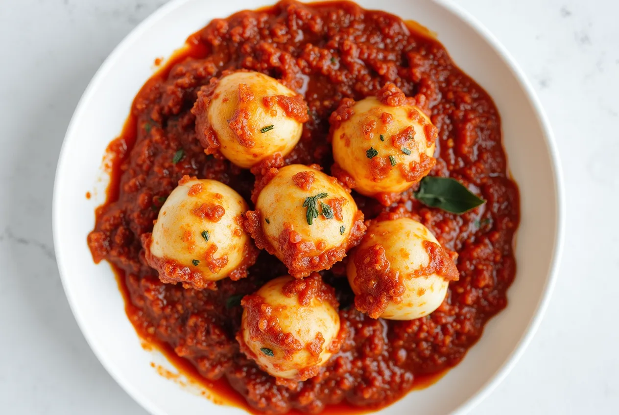 Spicy Indonesian Telur Balado with hard-boiled eggs coated in vibrant red chili sauce