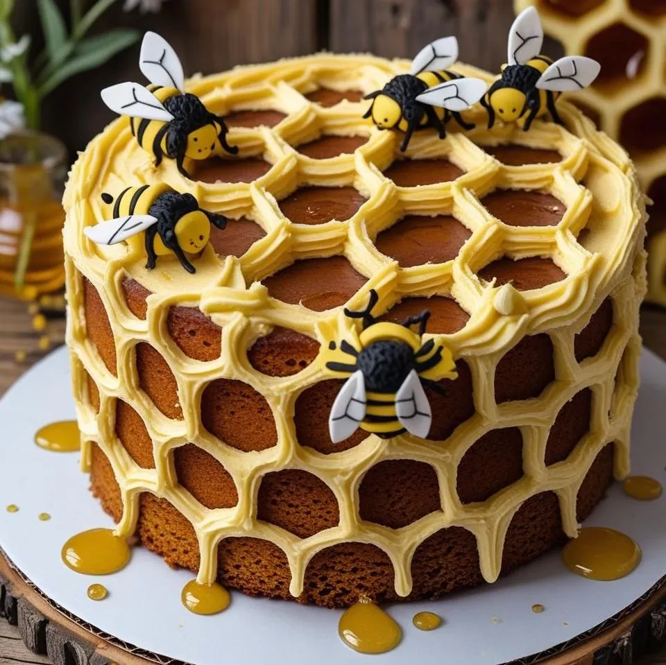 Bee-Themed Honeycomb Cake with golden honeycomb design and fondant bees on top