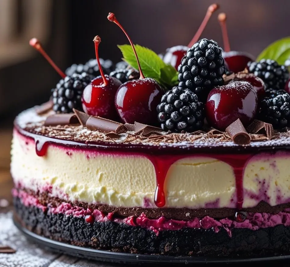 Black Forest Berry Cheesecake topped with fresh berries, whipped cream, and chocolate drizzle