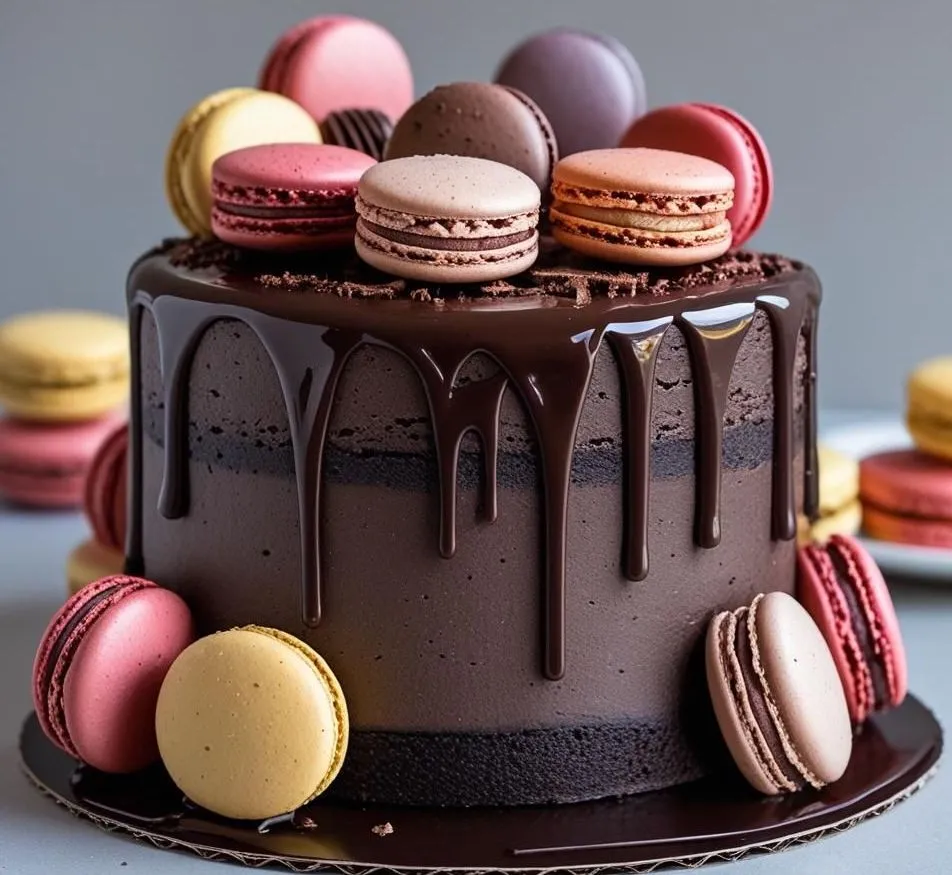 Chocolate Macaron Drip Cake with glossy chocolate ganache and elegant macaron topping.