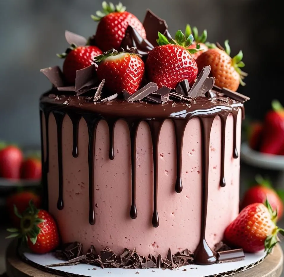 Chocolate Strawberry Drip Cake topped with fresh strawberries and glossy chocolate ganache.