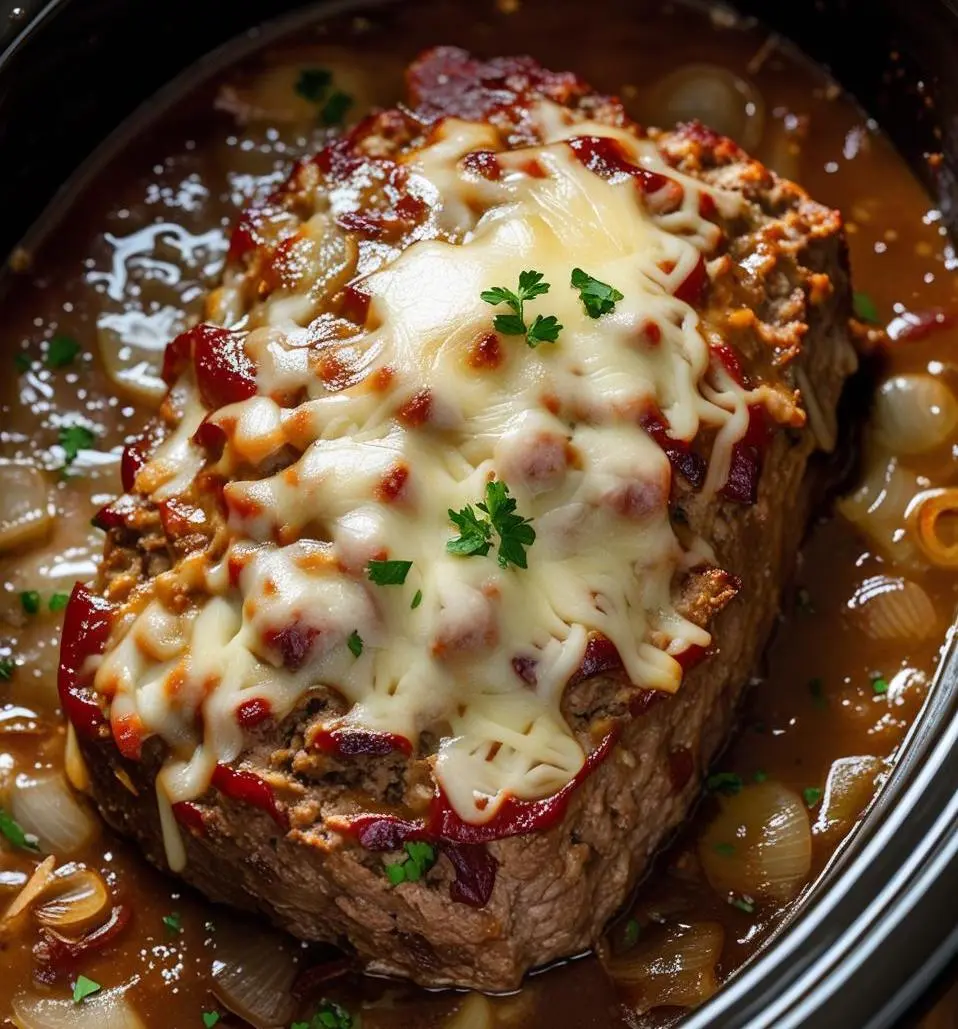Crockpot French Onion Meatloaf topped with melted cheese and caramelized onions