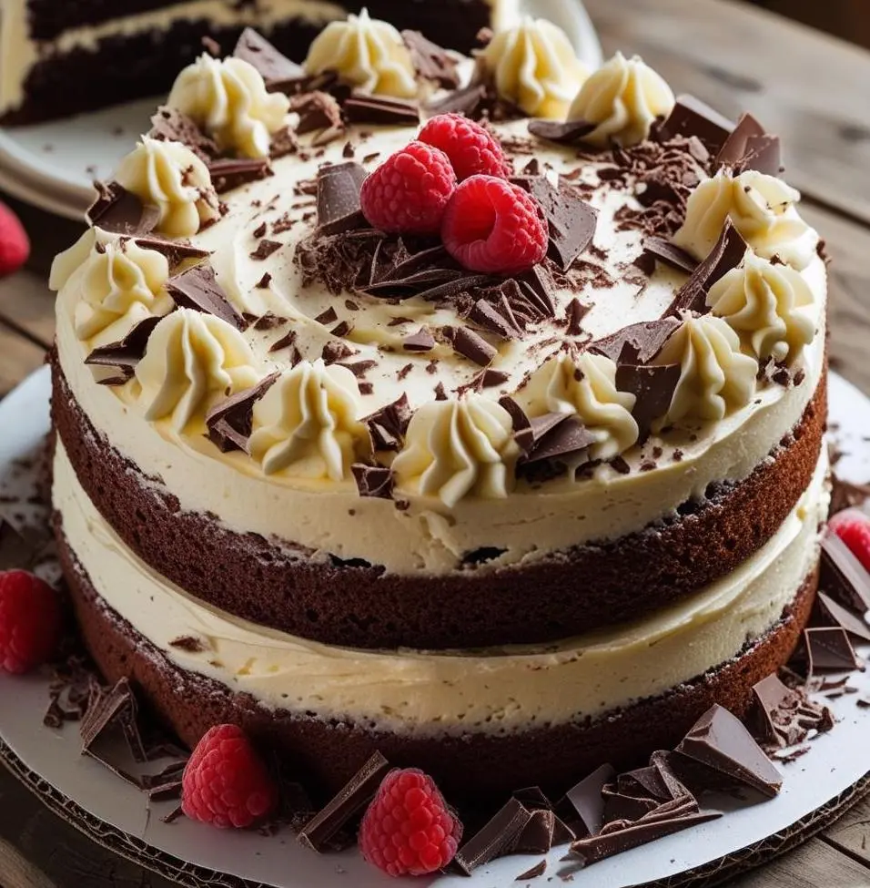 Moist Vanilla Chocolate Cake with fluffy vanilla layers and rich chocolate frosting