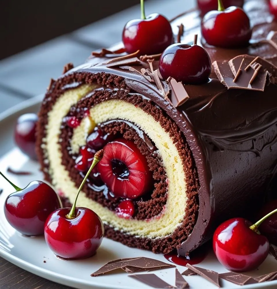 Swiss Chocolate Cherry Roll Cake with whipped cream filling and fresh cherries