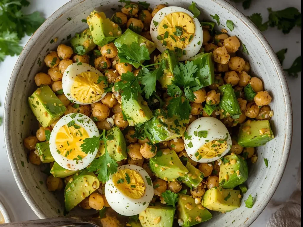 Avocado, Egg, and Chickpea Salad served in a bowl with fresh herbs and lemon dressing
