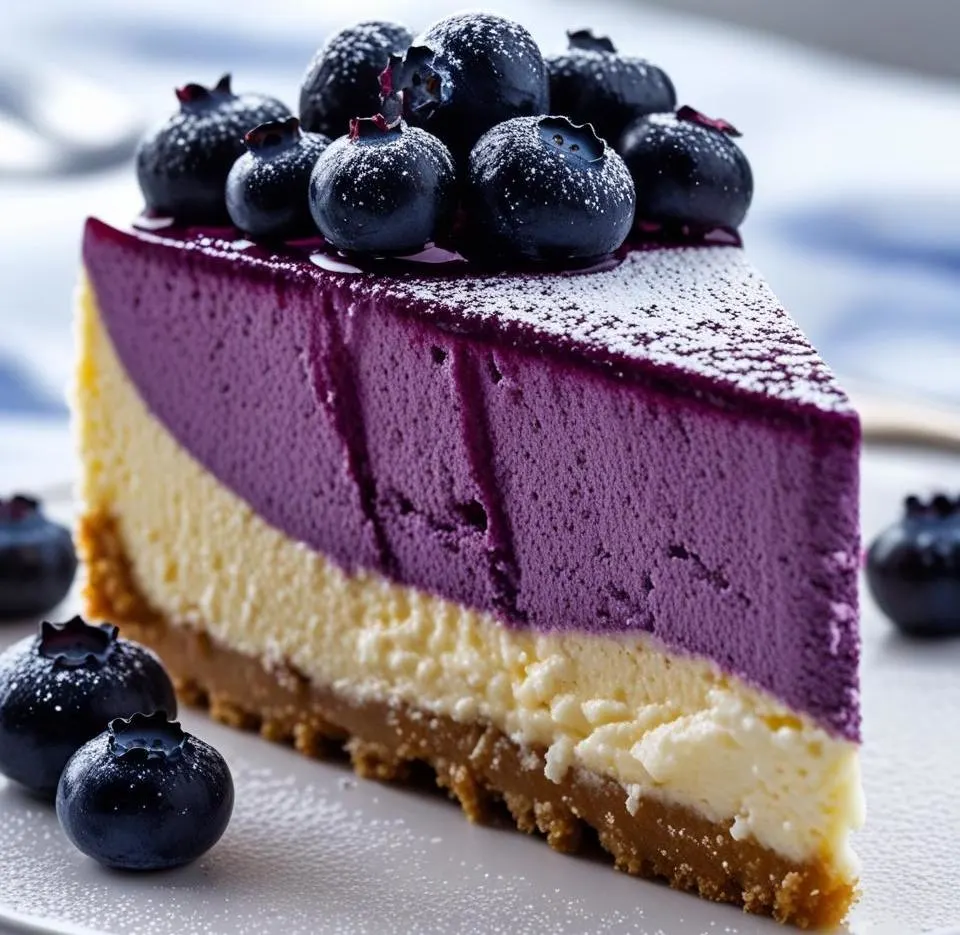 Blueberry Mousse Heaven Cheesecake with layers of creamy cheesecake and blueberry mousse topped with fresh berries.