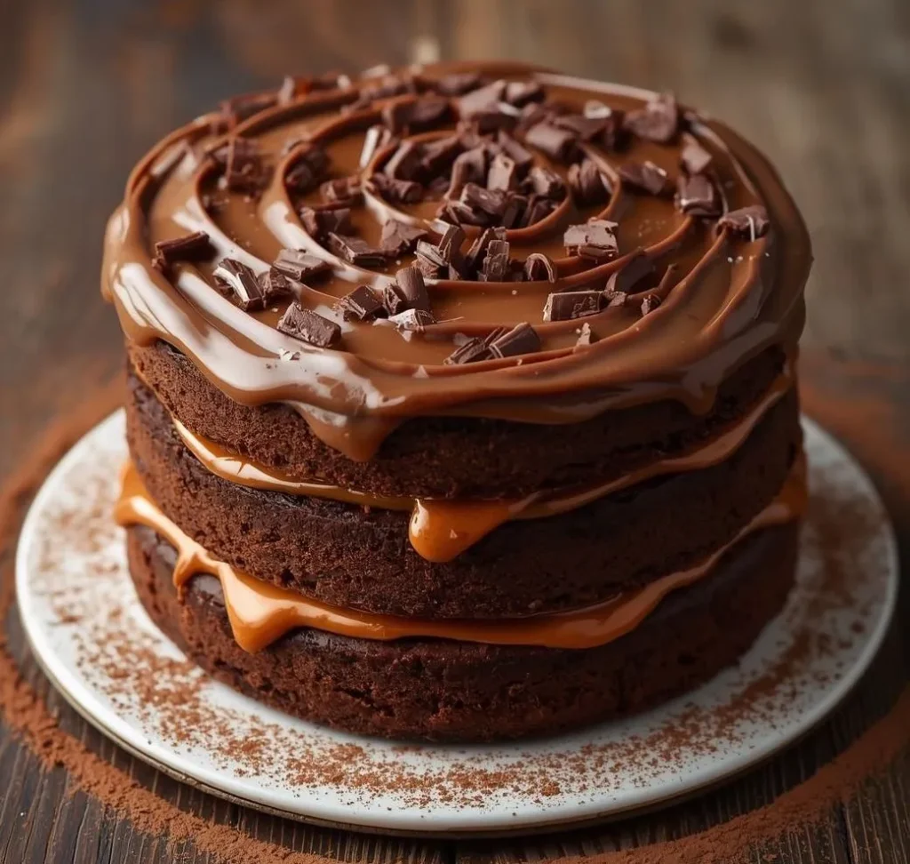 Moist Caramel Chocolate Layer Cake with rich frosting and caramel drizzle