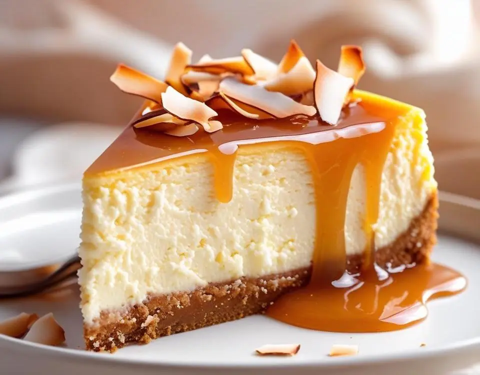 Creamy Cheesecake with Coconut Caramel topped with toasted coconut and caramel drizzle on a plate