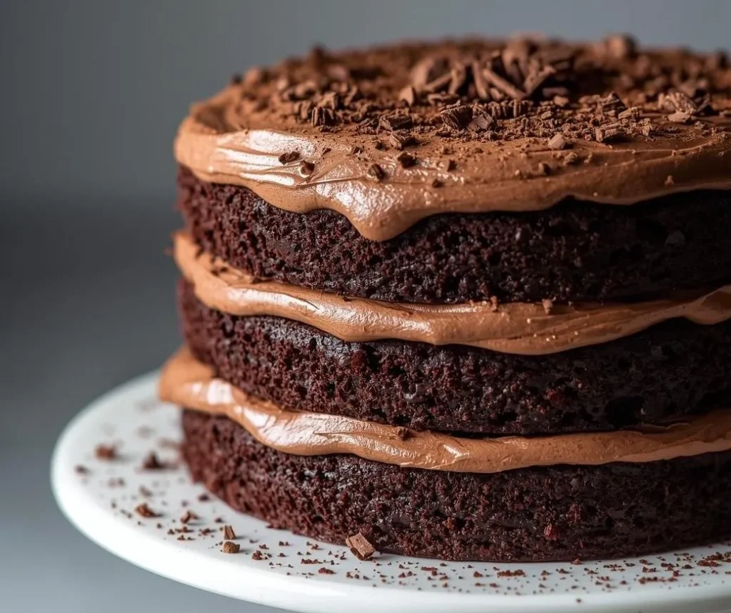 Chocolate Cream Layer Cake with rich chocolate cream layers and decorative chocolate shavings