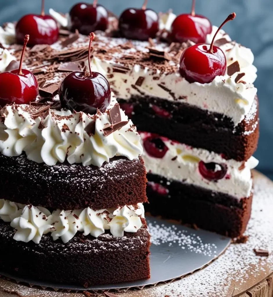 Slice of Classic Black Forest Cake with chocolate shavings, whipped cream, and cherries on top