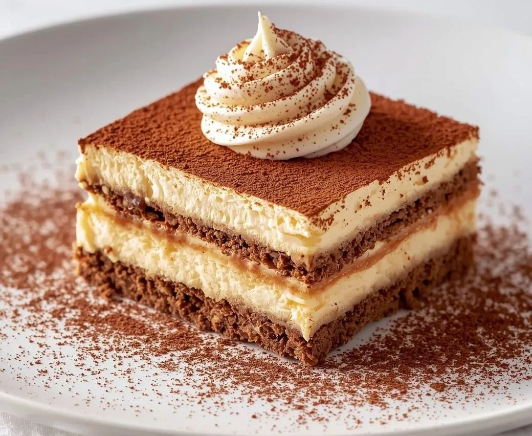 Classic Tiramisu Recipe with creamy mascarpone and coffee-soaked ladyfingers topped with cocoa powder.