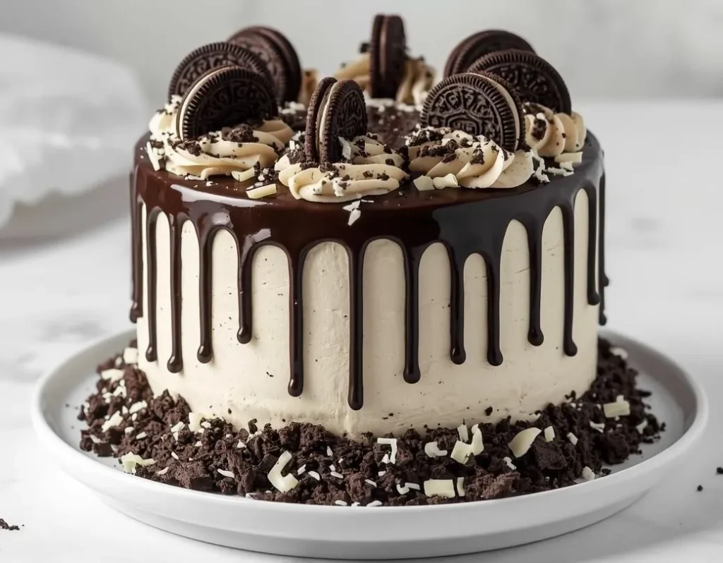 Cookies & Cream Drip Cake with chocolate ganache drip and Oreo topping on a party table