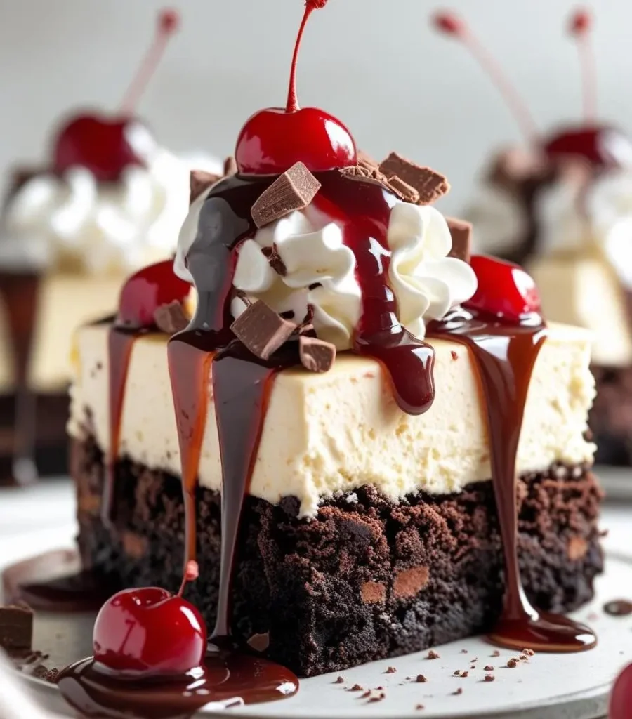 Slice of Sundae Brownie Cheesecake topped with whipped cream, chocolate, caramel, and a cherry