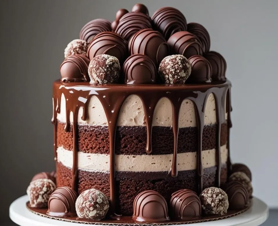 Triple Chocolate Drip Cake with glossy chocolate ganache and layered chocolate frosting