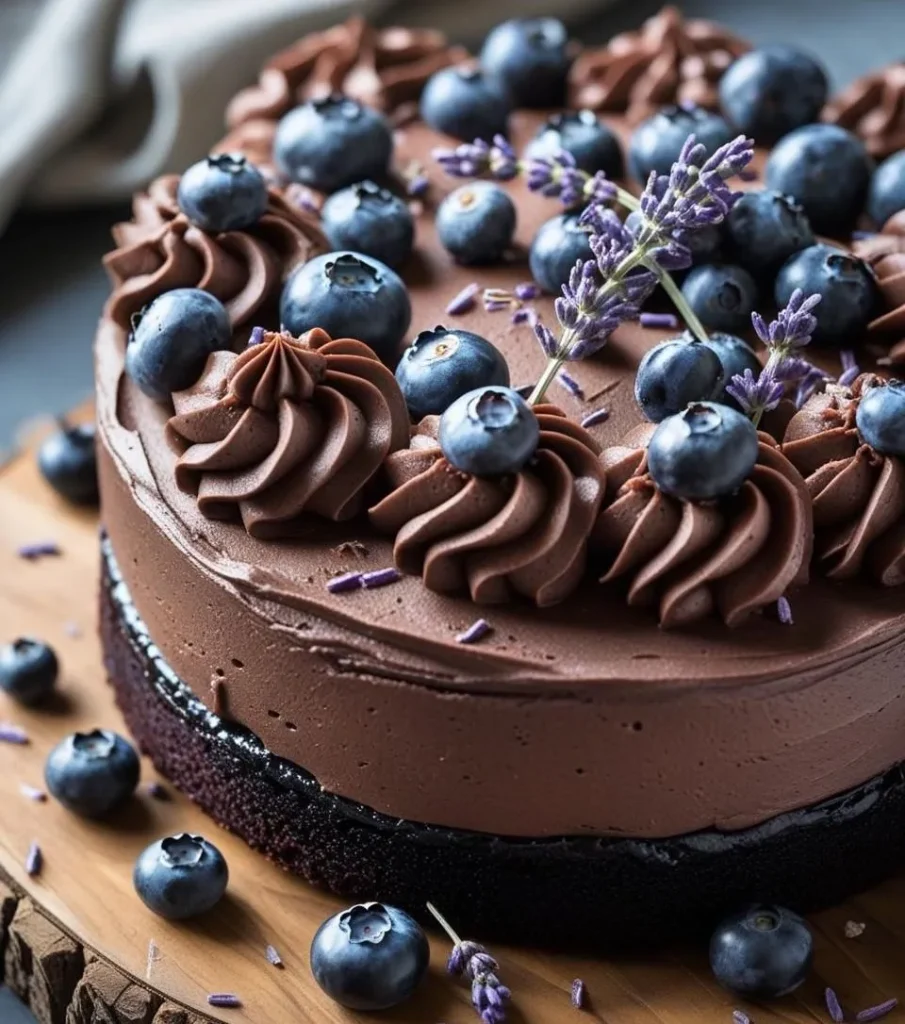 Chocolate Blueberry Lavender Cake with creamy frosting, fresh blueberries, and lavender garnish