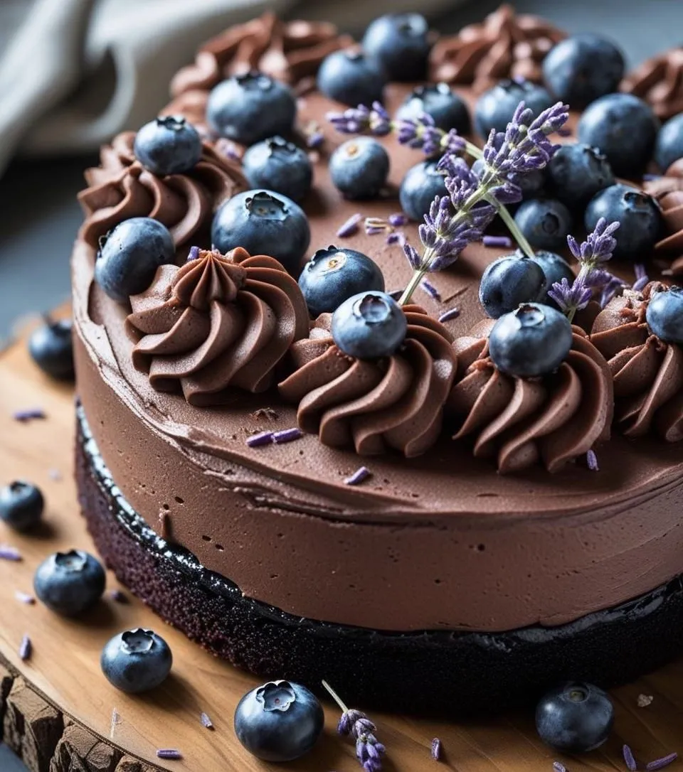 Chocolate Blueberry Lavender Cake with creamy frosting, fresh blueberries, and lavender garnish