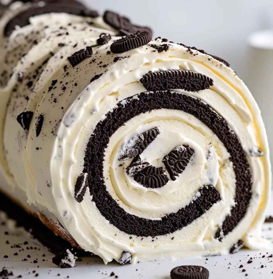 Cookies & Cream Swiss Roll Cake with fluffy cream filling and crushed Oreos on top