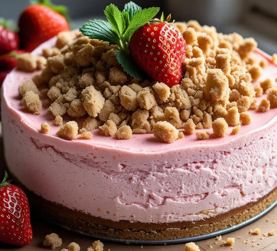 Strawberry Crunch Cheesecake topped with strawberry crumble and fresh whipped cream on a white plate