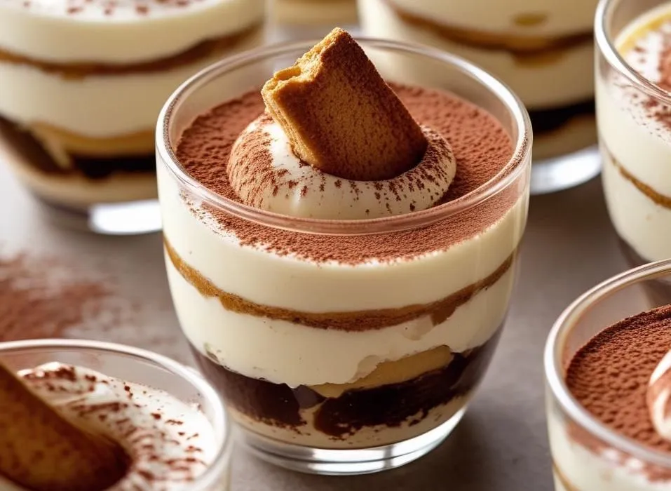 Mini Tiramisu Cups with creamy mascarpone layers topped with cocoa powder served in glass jars.