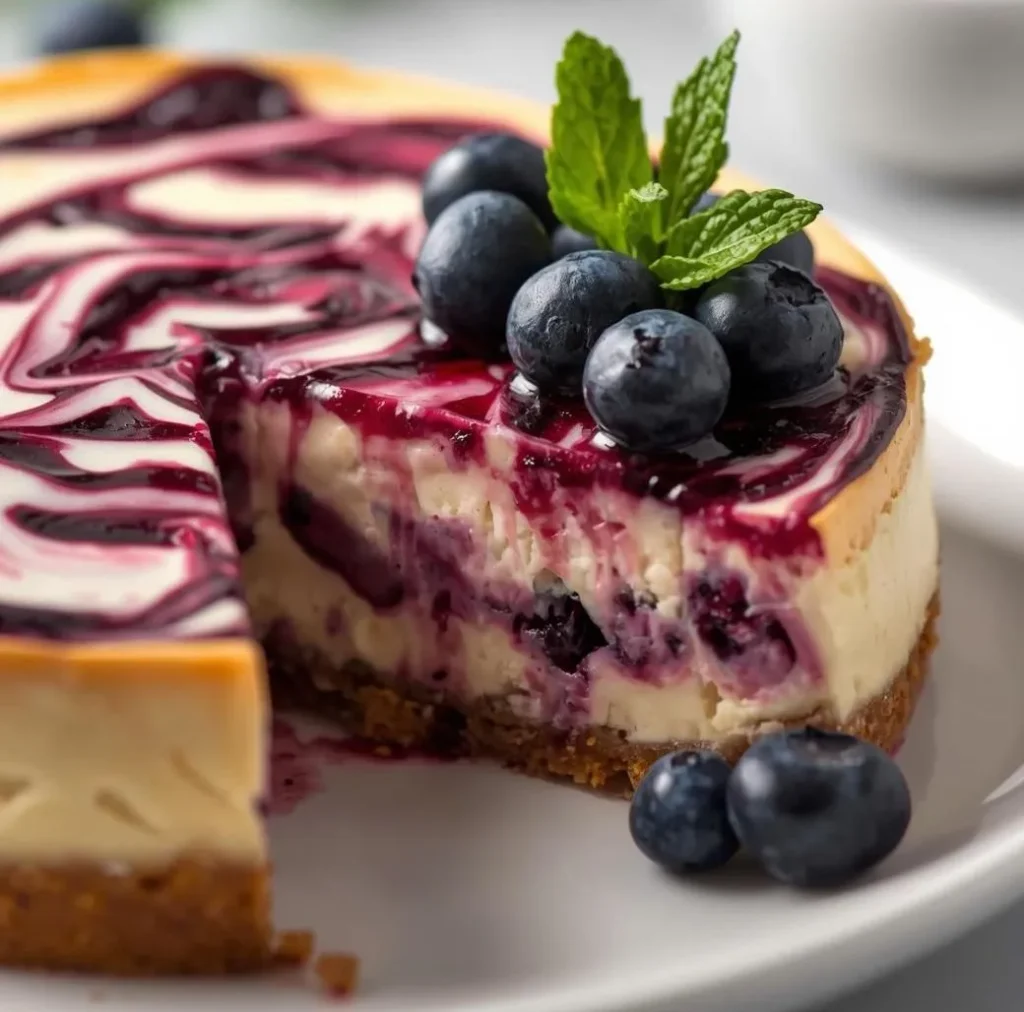No-Bake Blueberry Swirl Cheesecake with creamy filling and vibrant blueberry swirls