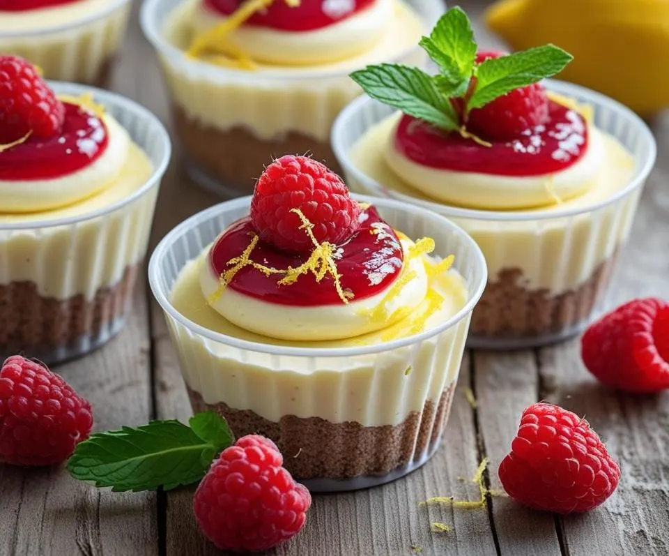 No Bake Lemon Raspberry Cheesecake Cups with fresh raspberries and lemon zest in glass jars.