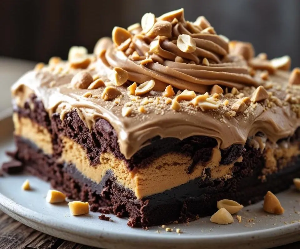 Warm Peanut Butter Cup Dump Cake topped with melting chocolate and peanut butter cups in a baking dish