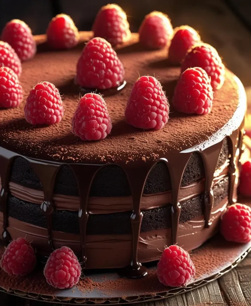 Rich, decadent Ultimate Chocolate Indulgence Cake topped with glossy ganache and fresh berries on a white cake stand.