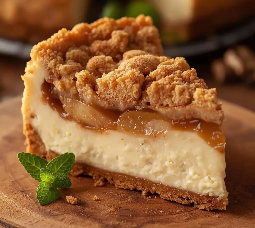Apple Crisp Cheesecake topped with caramel drizzle and oat crumble, served on a white plate with fresh apple slices.