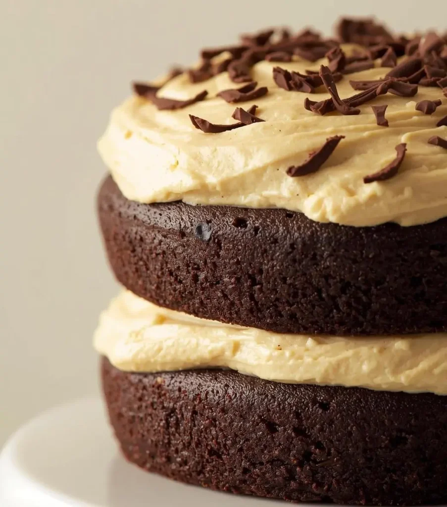 Baileys Irish Cream Chocolate Cake topped with rich chocolate ganache and fresh cream