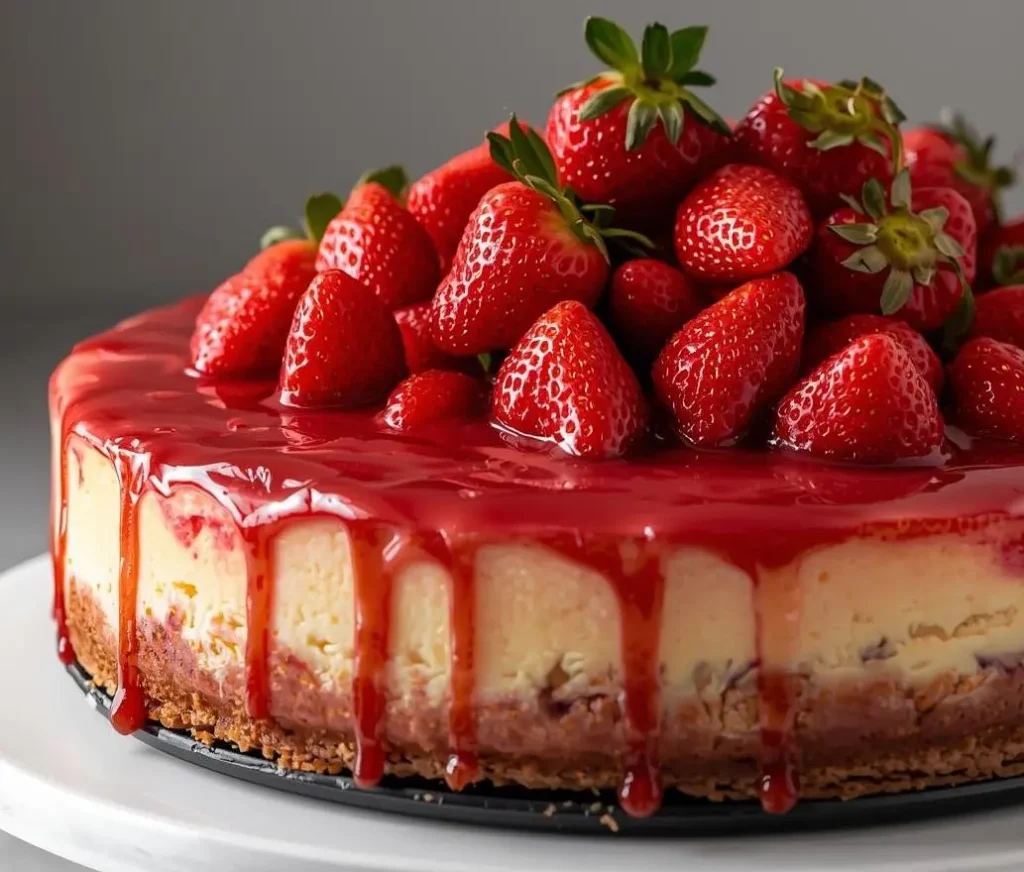 Baked Strawberry Glazed Cheesecake with creamy filling and fresh strawberry topping